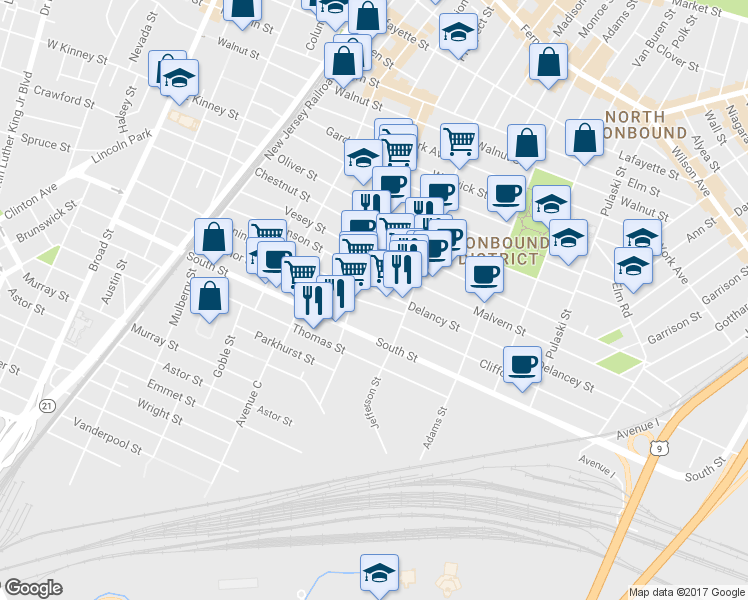 map of restaurants, bars, coffee shops, grocery stores, and more near 17 Calumet Street in Newark