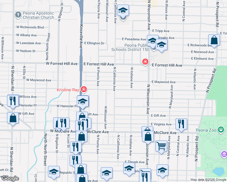 map of restaurants, bars, coffee shops, grocery stores, and more near 414 East Corrington Avenue in Peoria