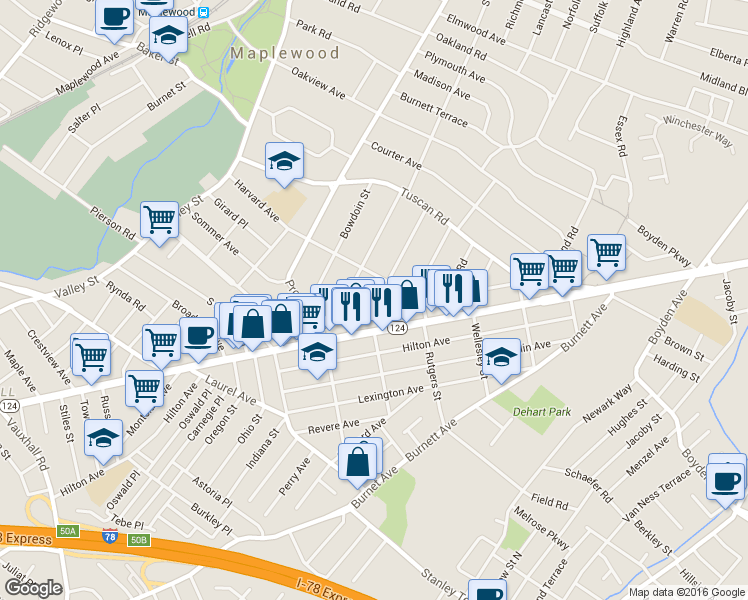 map of restaurants, bars, coffee shops, grocery stores, and more near 47 Oberlin Street in Maplewood
