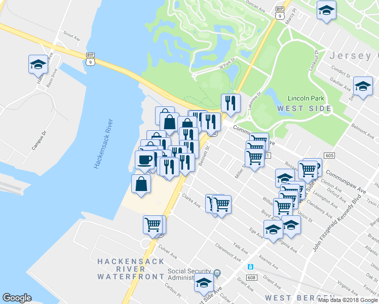 map of restaurants, bars, coffee shops, grocery stores, and more near 440 Route in Jersey City