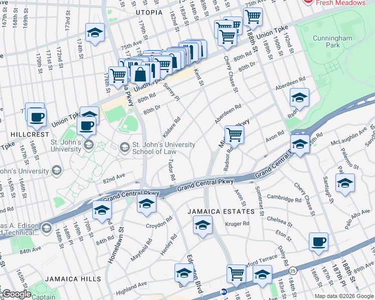 map of restaurants, bars, coffee shops, grocery stores, and more near 181-11 Aberdeen Road in Queens