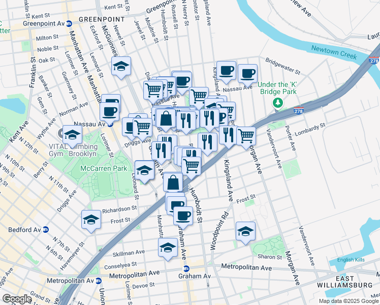 map of restaurants, bars, coffee shops, grocery stores, and more near 161 Engert Avenue in Brooklyn