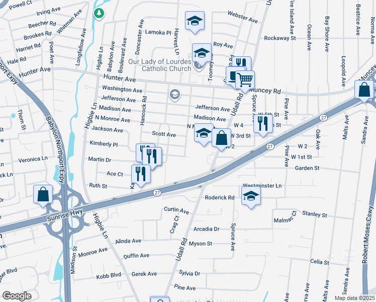 map of restaurants, bars, coffee shops, grocery stores, and more near 141 Dunwoodie Avenue in West Islip