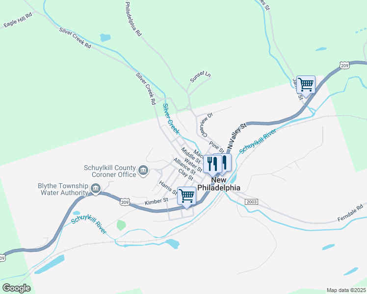 map of restaurants, bars, coffee shops, grocery stores, and more near 83 Macomb Street in New Philadelphia