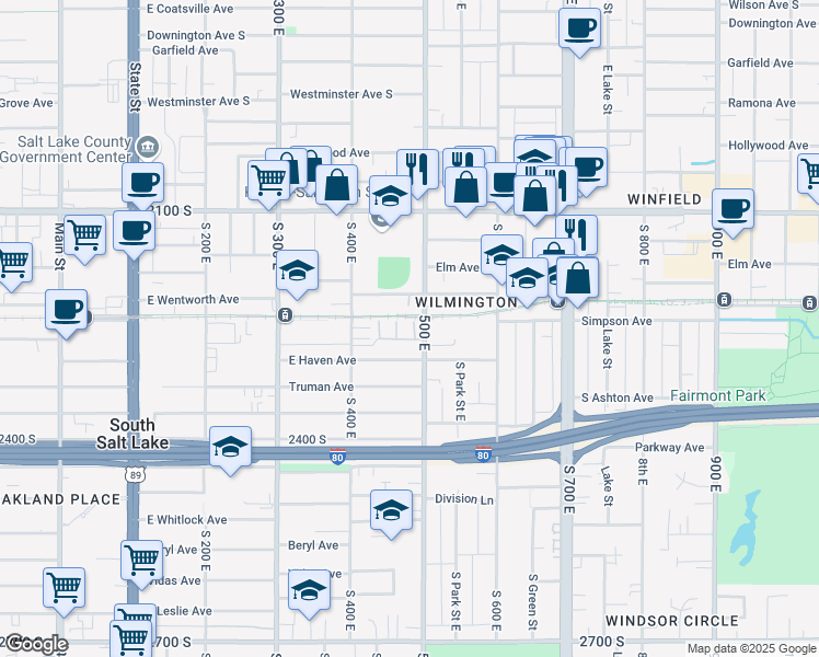 map of restaurants, bars, coffee shops, grocery stores, and more near 2269 South 460 East in South Salt Lake