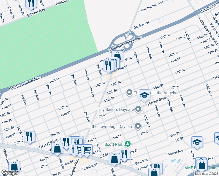 map of restaurants, bars, coffee shops, grocery stores, and more near 911 13th Street in West Babylon