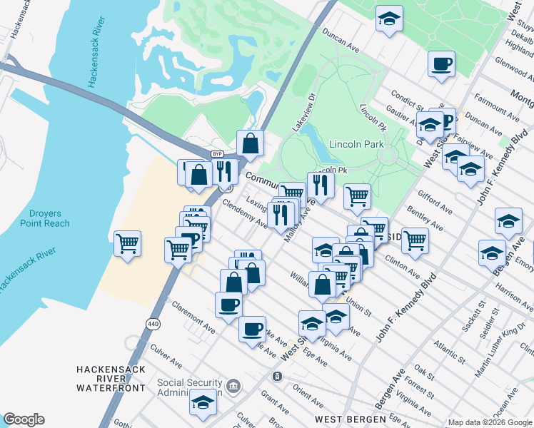 map of restaurants, bars, coffee shops, grocery stores, and more near 259 Lexington Avenue in Jersey City