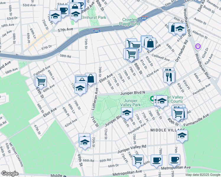 map of restaurants, bars, coffee shops, grocery stores, and more near 61-42 76th Street in Queens