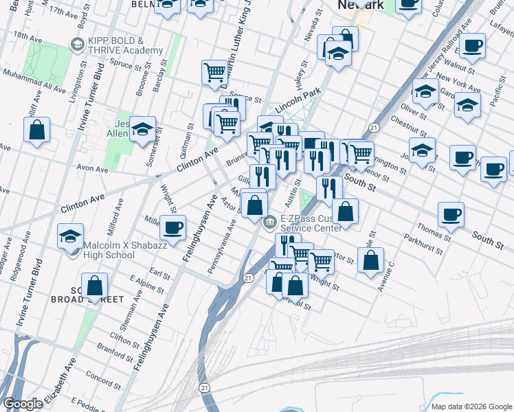 map of restaurants, bars, coffee shops, grocery stores, and more near 79 Murray Street in Newark