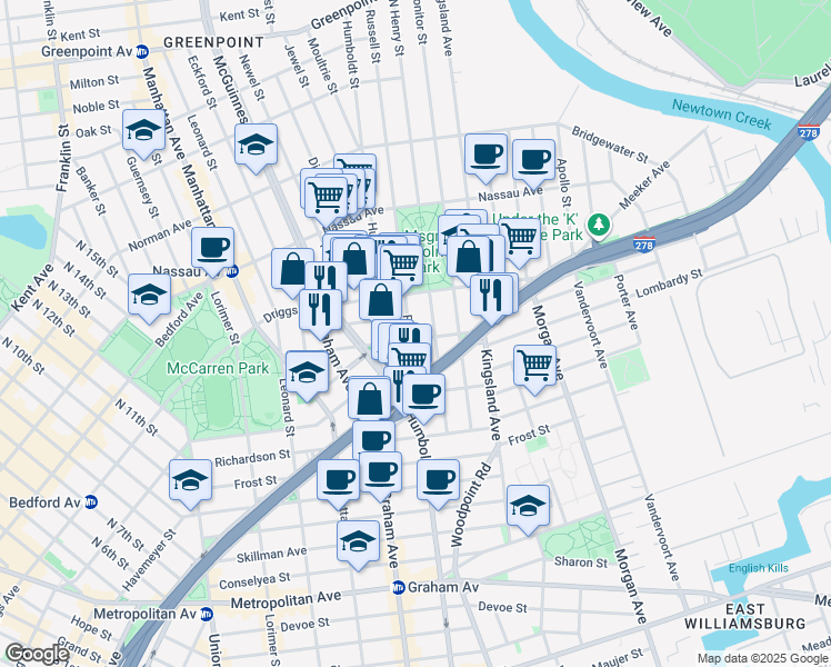 map of restaurants, bars, coffee shops, grocery stores, and more near 161 Engert Avenue in Brooklyn