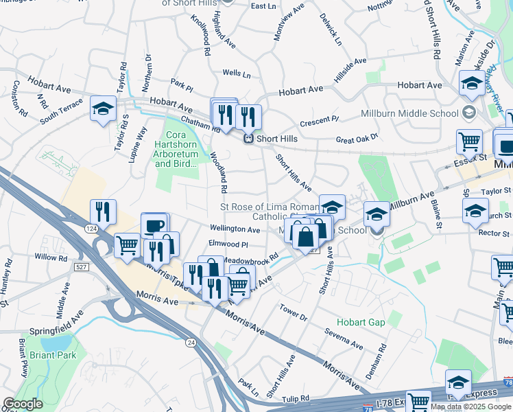map of restaurants, bars, coffee shops, grocery stores, and more near 9 Pine Terrace West in Millburn