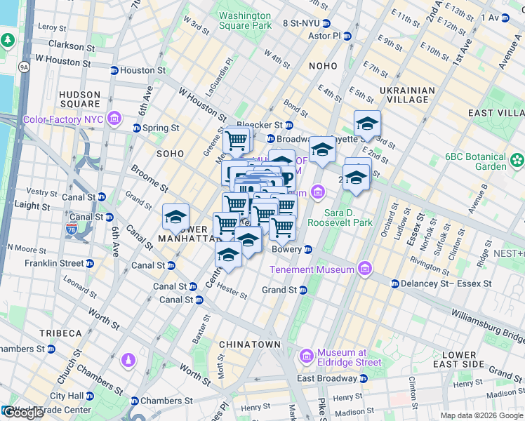 map of restaurants, bars, coffee shops, grocery stores, and more near Spring St & Mulberry St in New York