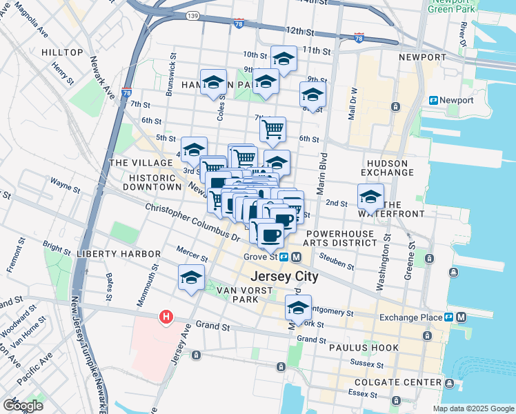map of restaurants, bars, coffee shops, grocery stores, and more near 246 1st Street in Jersey City