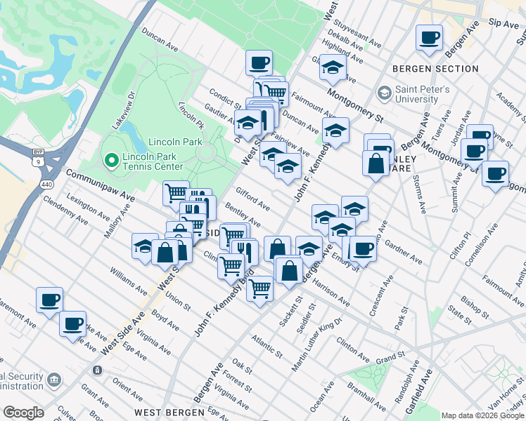 map of restaurants, bars, coffee shops, grocery stores, and more near 97 Gifford Avenue in Jersey City