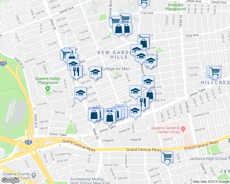 map of restaurants, bars, coffee shops, grocery stores, and more near 150th St & 77th Rd in Queens