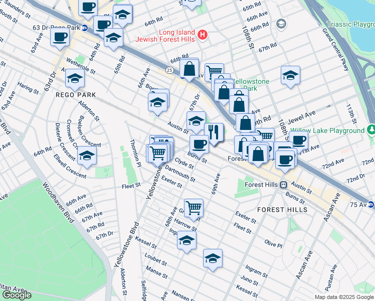 map of restaurants, bars, coffee shops, grocery stores, and more near 671-17 Burns Street in Queens