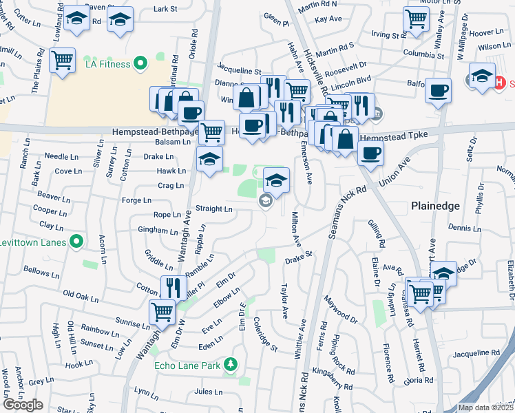 map of restaurants, bars, coffee shops, grocery stores, and more near 55 Straight Ln in Levittown