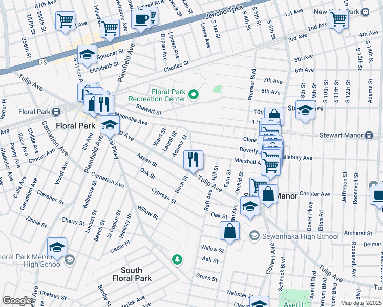 map of restaurants, bars, coffee shops, grocery stores, and more near 24 Revere Drive West in Floral Park