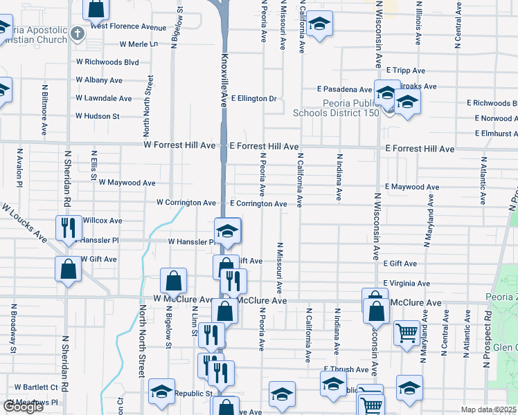 map of restaurants, bars, coffee shops, grocery stores, and more near 214 East Corrington Avenue in Peoria