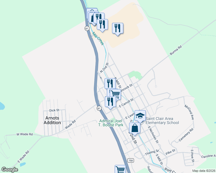 map of restaurants, bars, coffee shops, grocery stores, and more near 135 North 2nd Street in Saint Clair