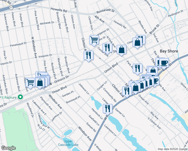 map of restaurants, bars, coffee shops, grocery stores, and more near 73 Community Road in Bay Shore