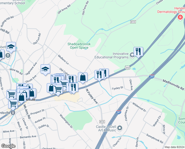 map of restaurants, bars, coffee shops, grocery stores, and more near 7E Somerset Hills Village in Bernardsville