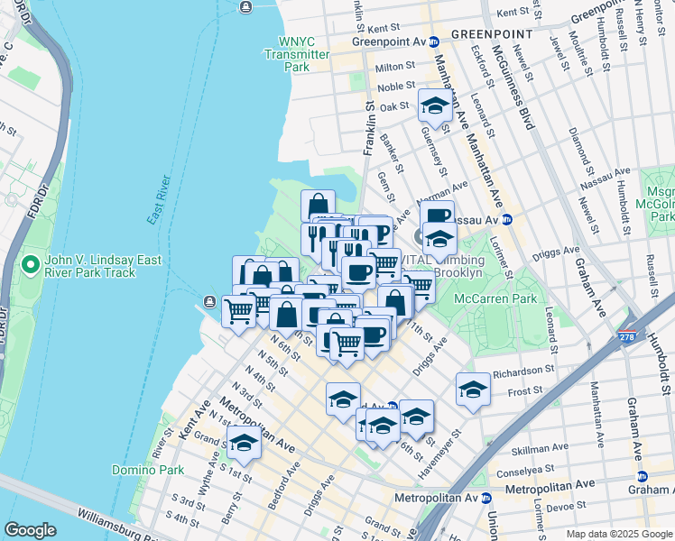 map of restaurants, bars, coffee shops, grocery stores, and more near 54 North 11th Street in Brooklyn