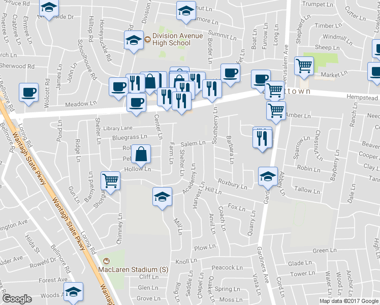 map of restaurants, bars, coffee shops, grocery stores, and more near 10 Academy Lane in Levittown