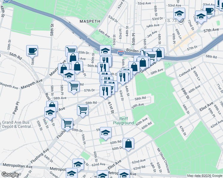 map of restaurants, bars, coffee shops, grocery stores, and more near 61-24 Grand Avenue in Queens