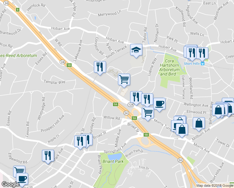 map of restaurants, bars, coffee shops, grocery stores, and more near 806 New Jersey 124 in Essex County