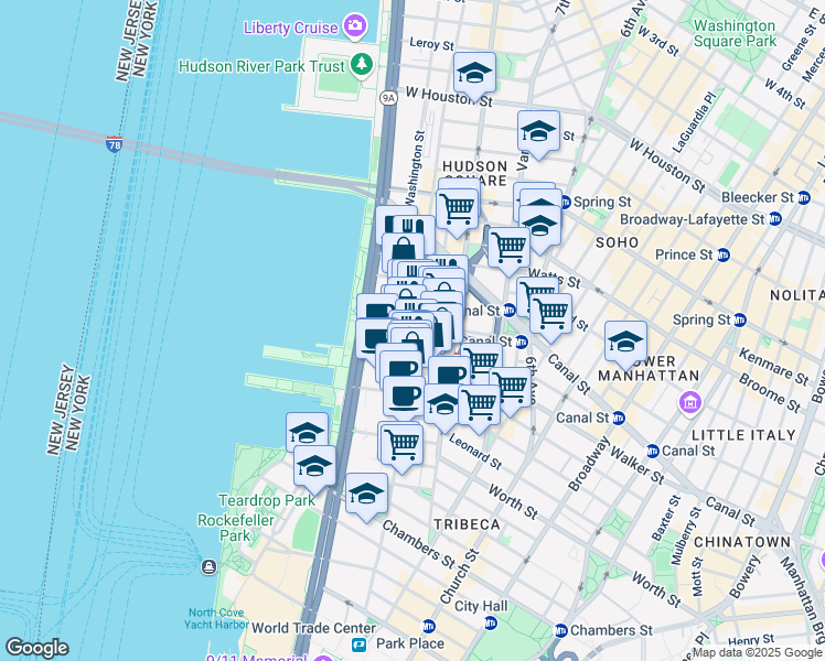 map of restaurants, bars, coffee shops, grocery stores, and more near 65 Laight Street in New York