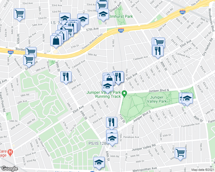 map of restaurants, bars, coffee shops, grocery stores, and more near 60-66 72nd Street in Queens
