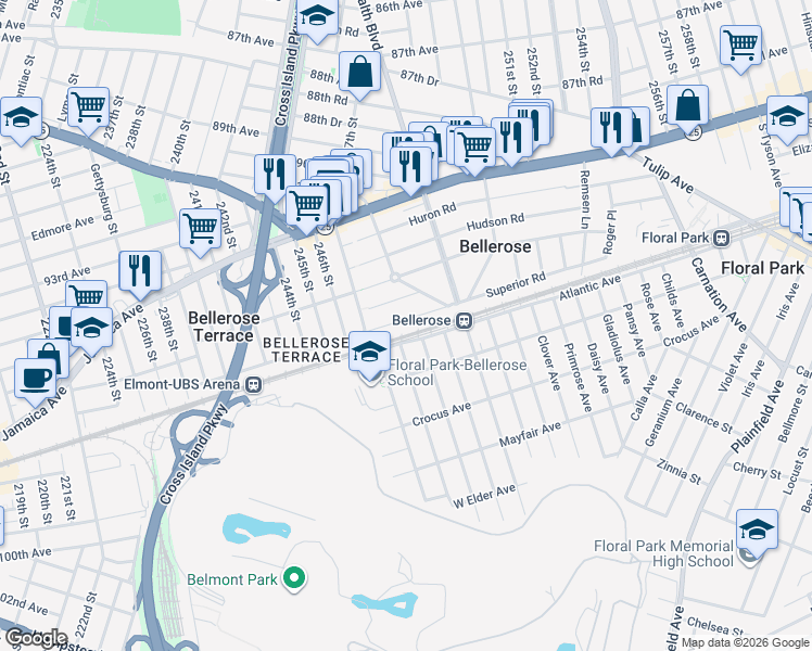 map of restaurants, bars, coffee shops, grocery stores, and more near 28 Superior Road in Floral Park