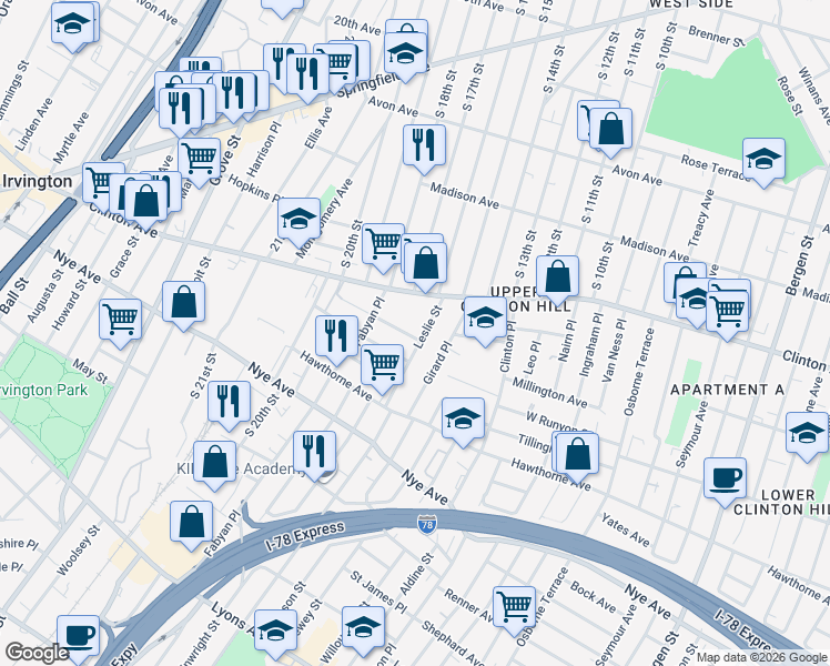 map of restaurants, bars, coffee shops, grocery stores, and more near 33-35 Leslie Street in Newark