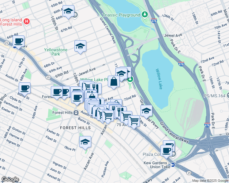 map of restaurants, bars, coffee shops, grocery stores, and more near 110-50 71st Road in Queens