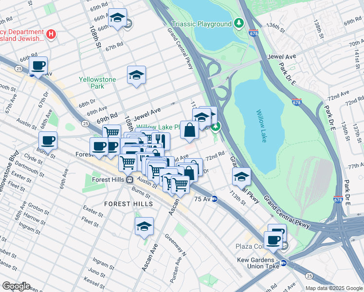 map of restaurants, bars, coffee shops, grocery stores, and more near 110-15 71st Road in Queens