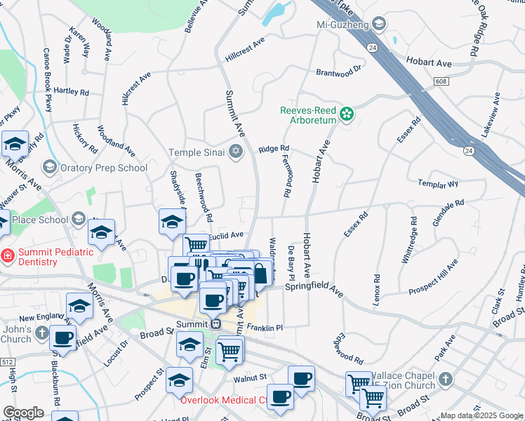 map of restaurants, bars, coffee shops, grocery stores, and more near 2 Whittredge Road in Summit
