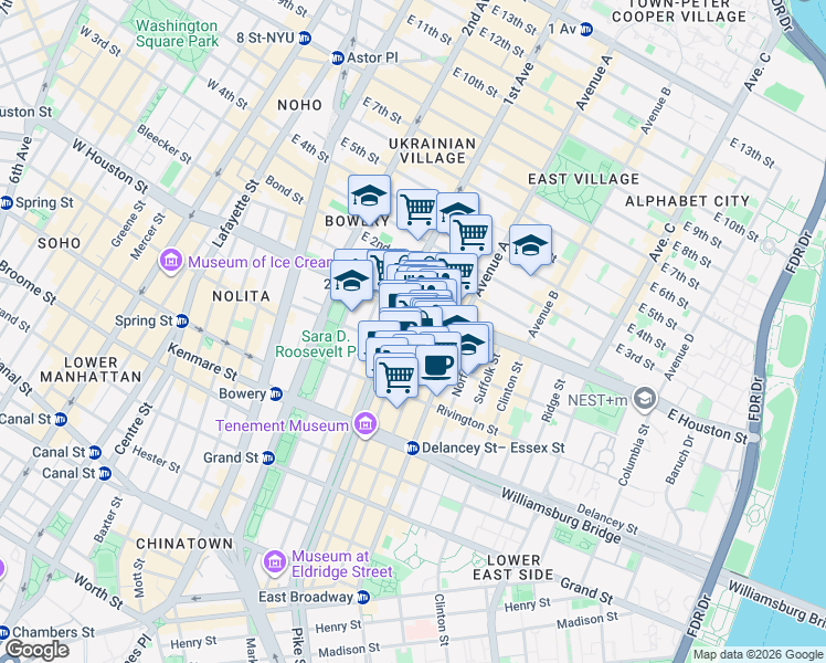 map of restaurants, bars, coffee shops, grocery stores, and more near 179 Ludlow Street in New York