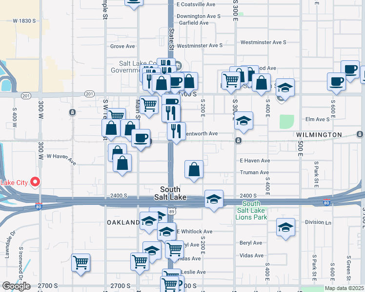 map of restaurants, bars, coffee shops, grocery stores, and more near 2253 State Street in Salt Lake City