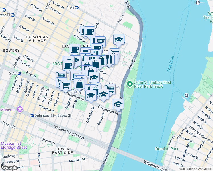 map of restaurants, bars, coffee shops, grocery stores, and more near 58 Avenue D in New York