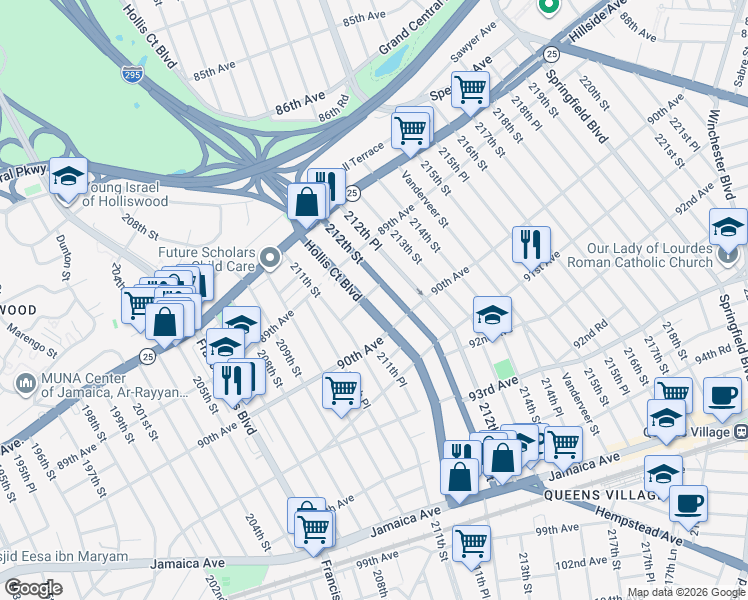 map of restaurants, bars, coffee shops, grocery stores, and more near 89-53 Hollis Court Boulevard in Queens
