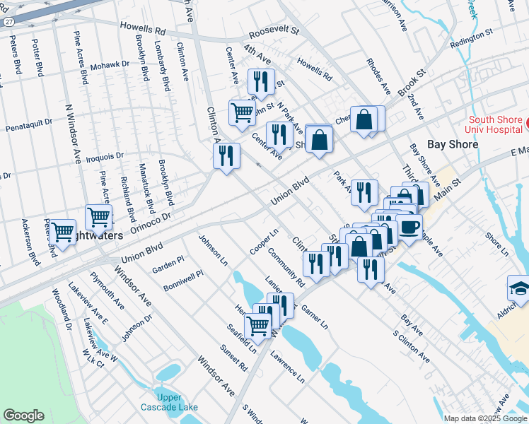 map of restaurants, bars, coffee shops, grocery stores, and more near 58 Clinton Avenue in Bay Shore