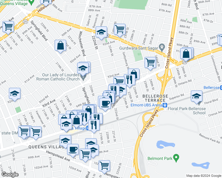 map of restaurants, bars, coffee shops, grocery stores, and more near 93-47 222nd Street in Queens