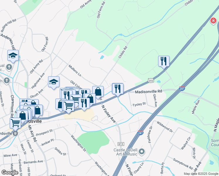 map of restaurants, bars, coffee shops, grocery stores, and more near 6B Somerset Hills Village in Bernardsville