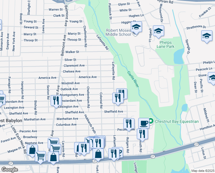 map of restaurants, bars, coffee shops, grocery stores, and more near 801 Outlook Avenue in West Babylon