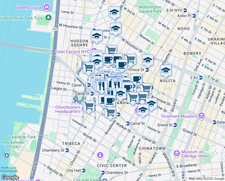map of restaurants, bars, coffee shops, grocery stores, and more near 78 Grand Street in New York