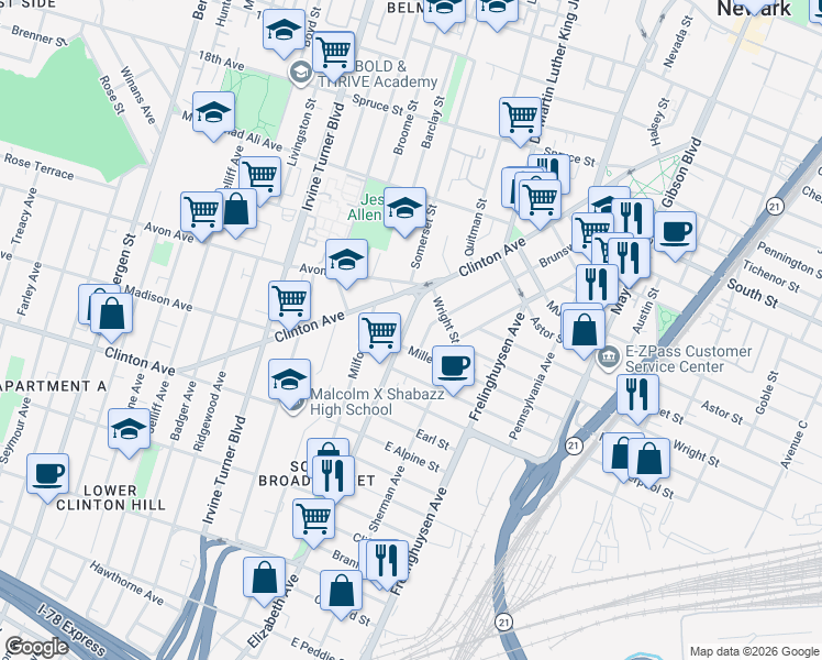map of restaurants, bars, coffee shops, grocery stores, and more near 37 Elizabeth Avenue in Newark