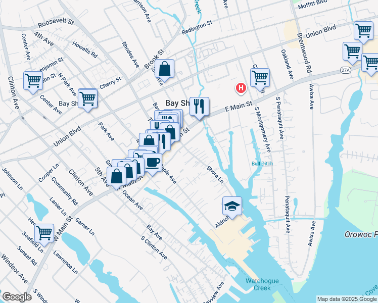 map of restaurants, bars, coffee shops, grocery stores, and more near 18 Shore Lane in Bay Shore