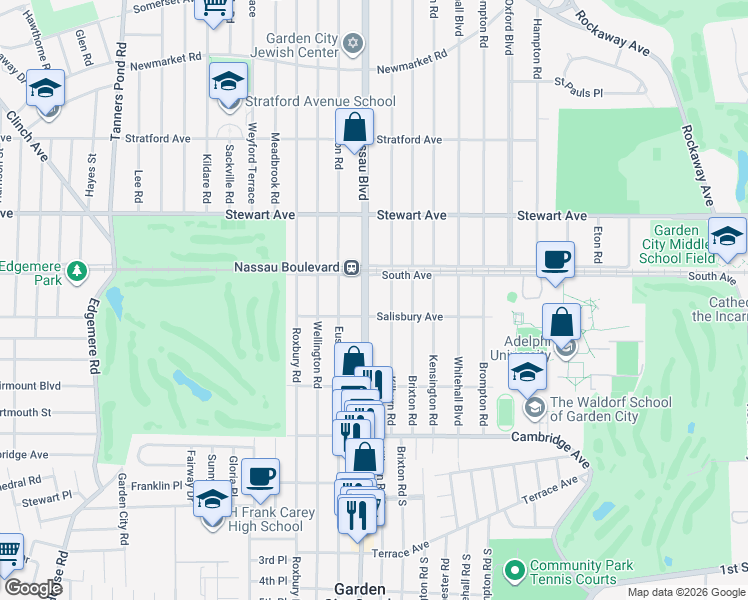map of restaurants, bars, coffee shops, grocery stores, and more near 53 Nassau Boulevard in Garden City