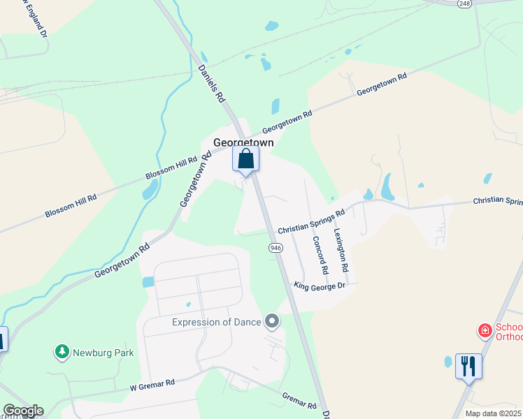 map of restaurants, bars, coffee shops, grocery stores, and more near 3490 Daniels Road in Nazareth
